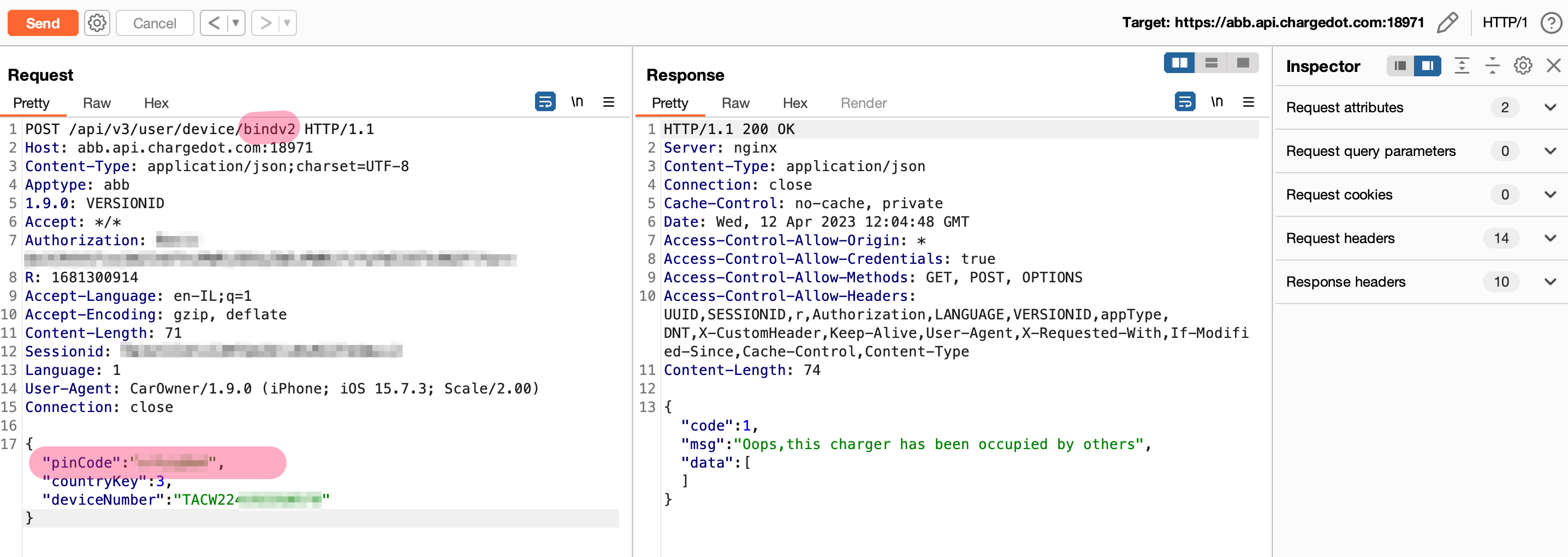 POST request to /api/v3/user/device/bindv2 with PIN code to overtake an already provisioned charger