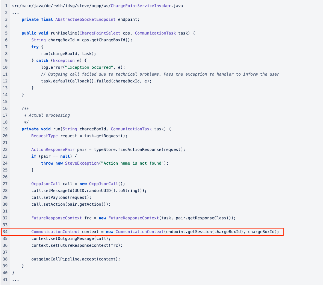 SteVe open source code snippet showing how SteVe gets the session for the communication context with the charger