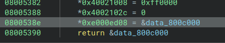 The BMS firmware writing its vector table base address to VTOR at 0xe000ed08