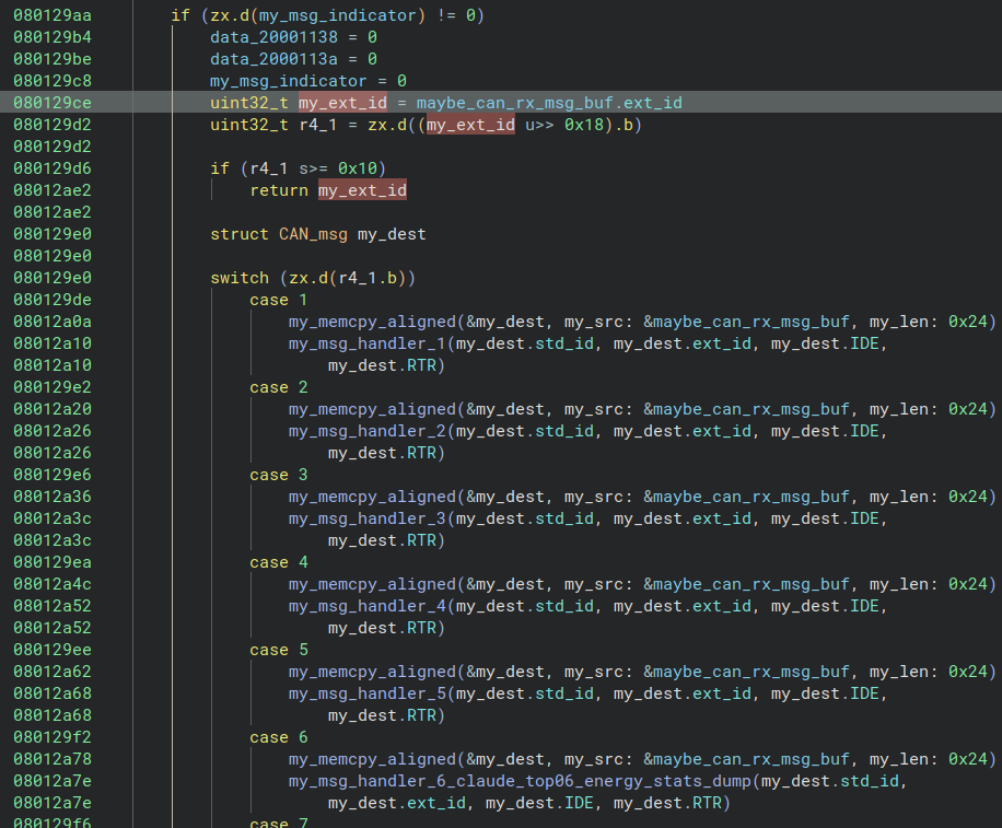 BMS firmware dispatching on the top byte of the CAN extended ID as a command ID