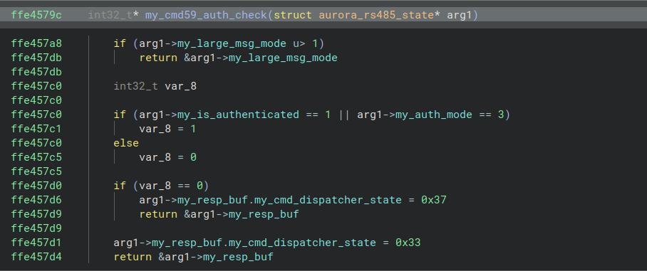 Aurora command 0x59 returning a different error code depending on authentication state