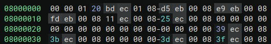 Hexdump of the start of the BMS image showing a standard Cortex-M vector table