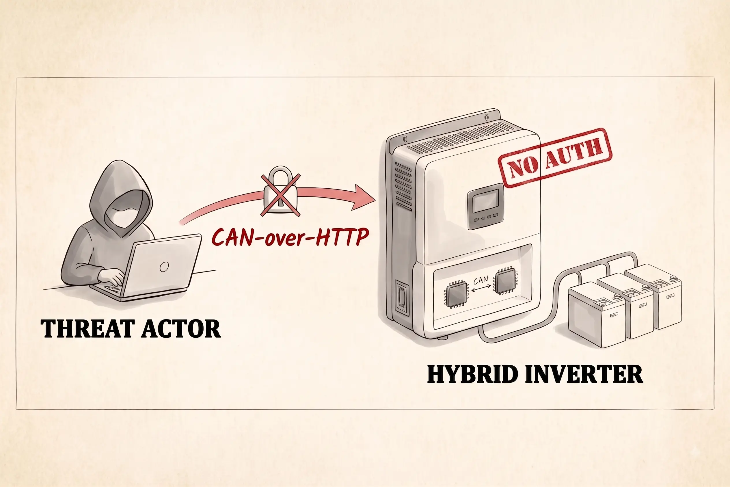 Hand-drawn diagram of an unauthenticated attack path reaching a hybrid inverter