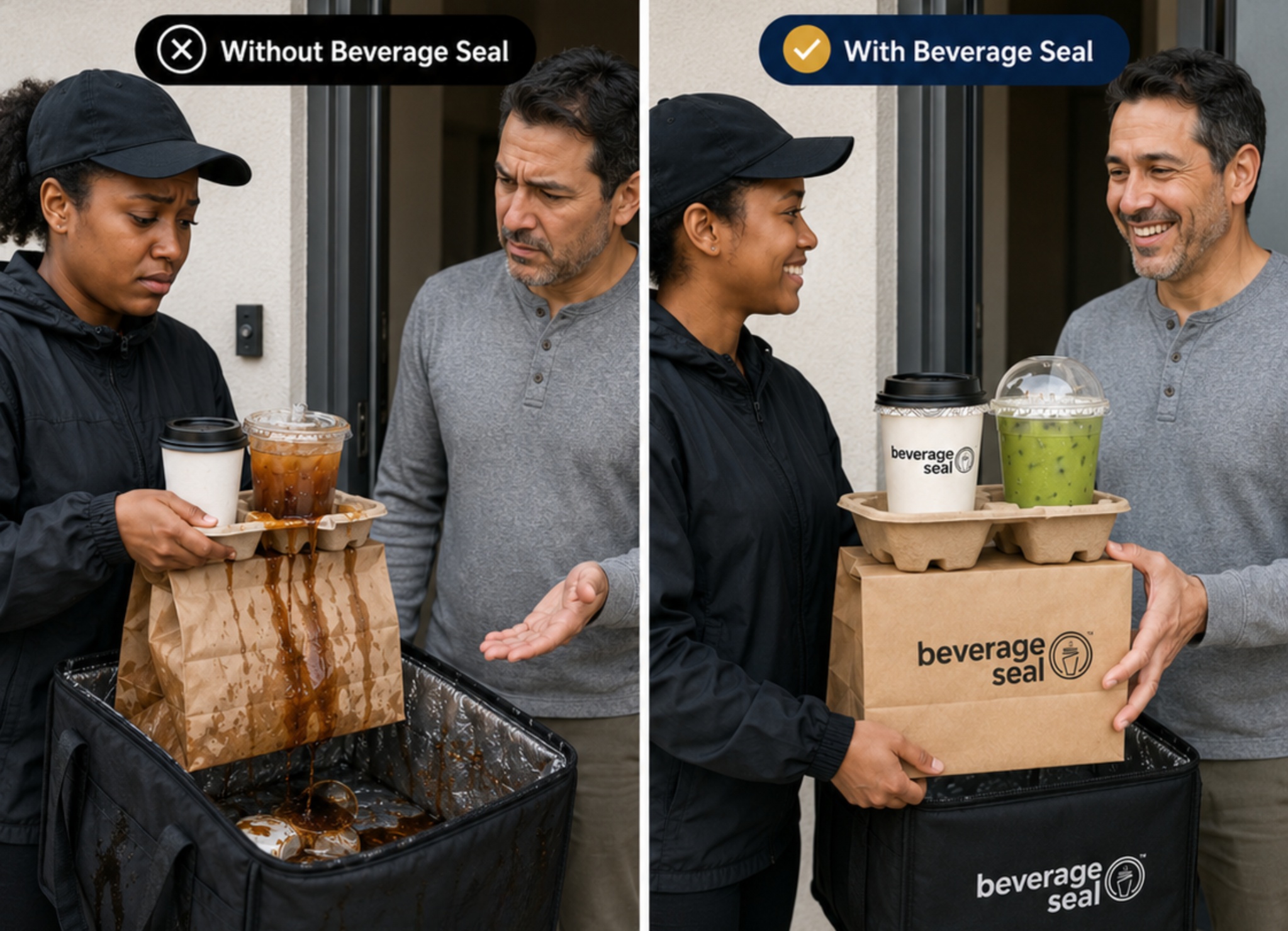 Beverage delivery packaging comparison showing a spilled drink without Beverage Seal and secure sealed takeaway drinks with Beverage Seal.