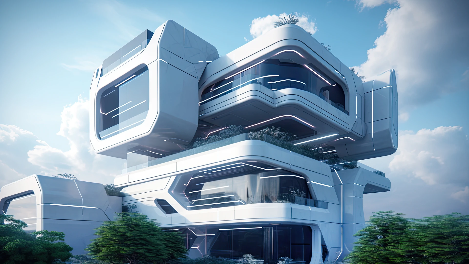 Futuristic white building with sleek geometric architecture, curved glass panels, and glowing LED accents under a blue sky with clouds.