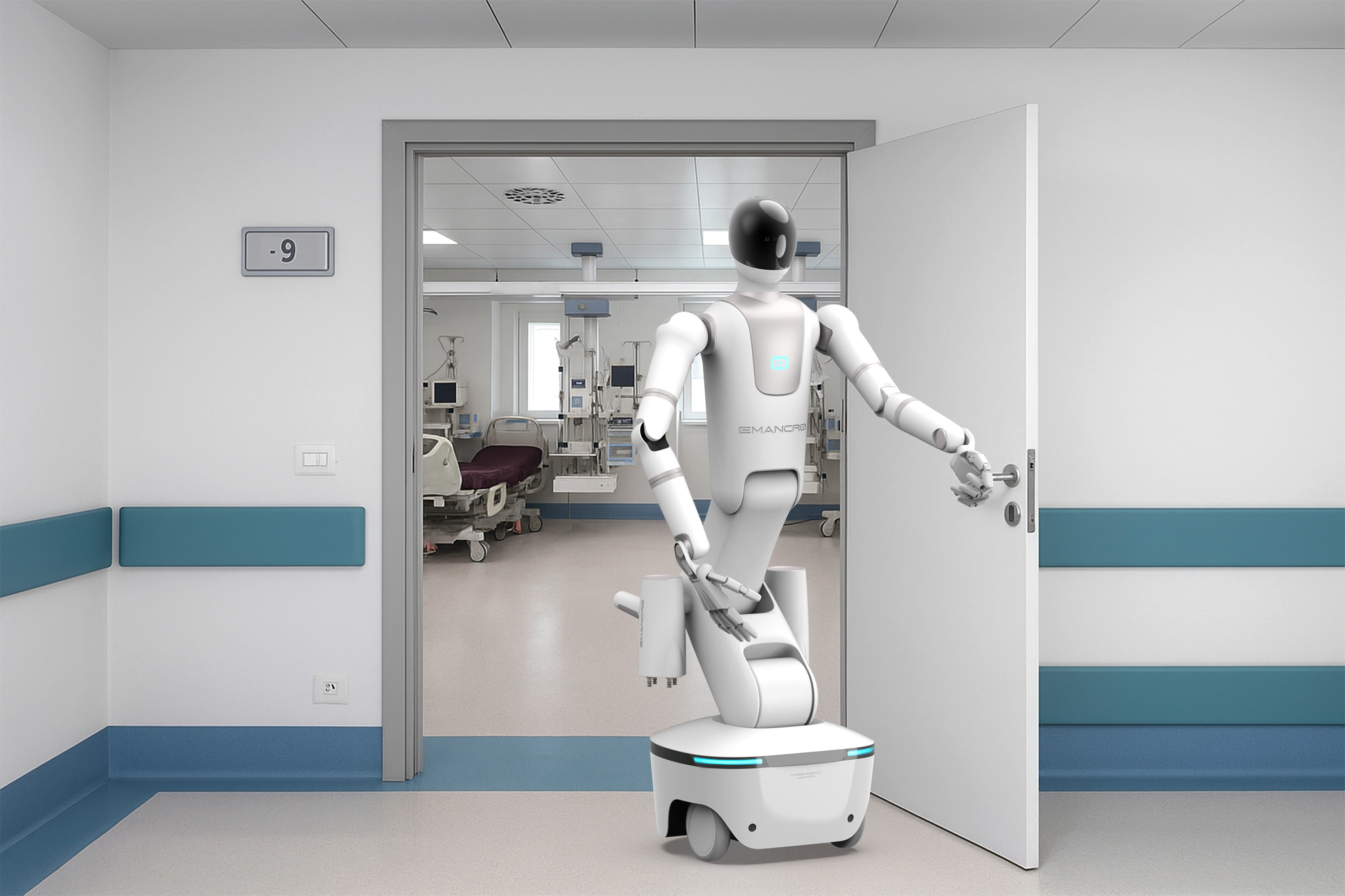A futuristic hospital robot with glowing blue eyes autonomously navigates a modern hospital corridor, passing by medical staff and a patient on a hospital bed.