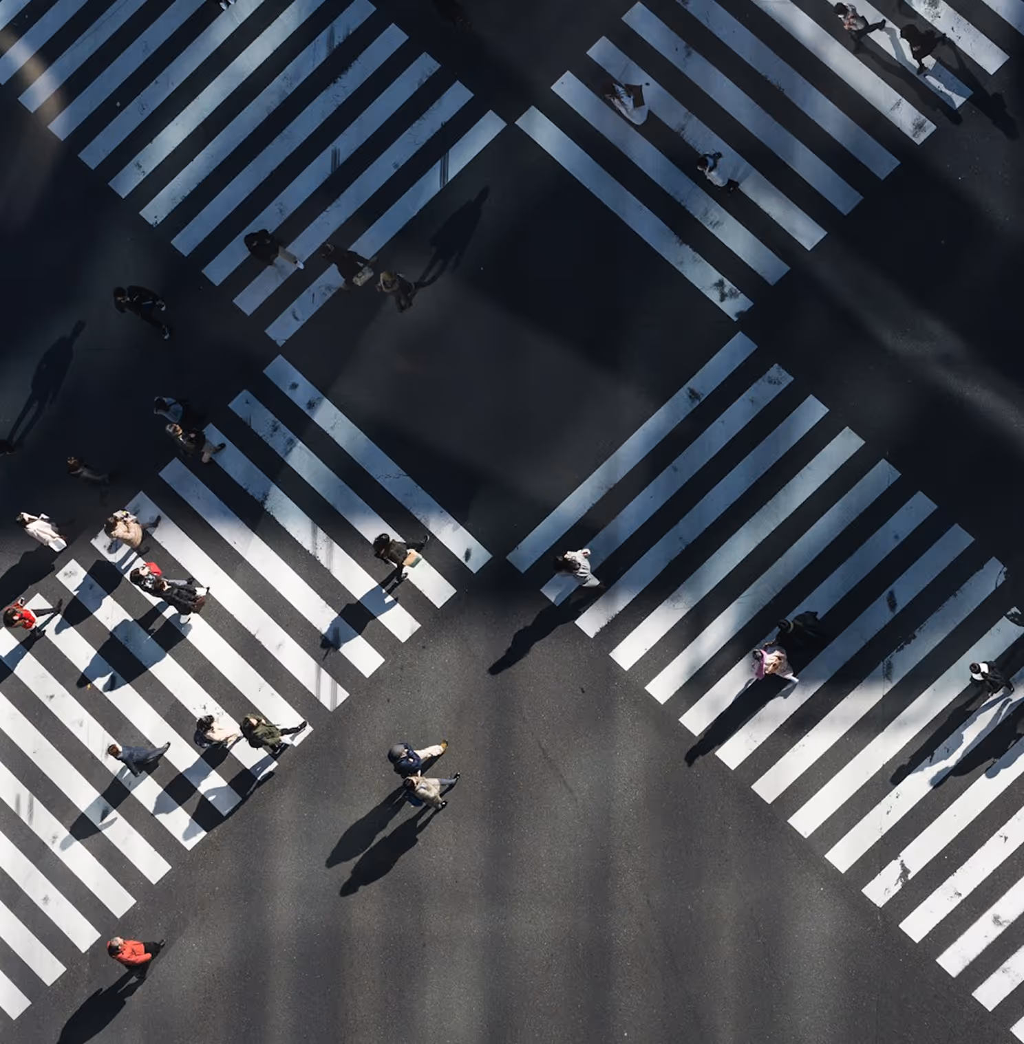 Sky view of pedestrians crossing the street