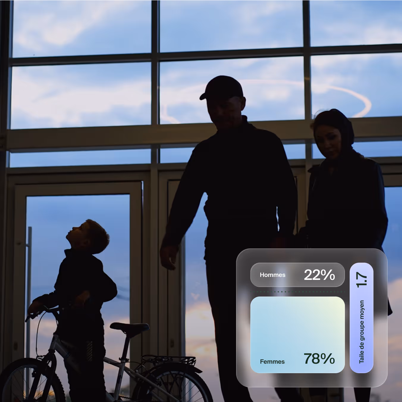 Silhouettes of people in front of a building