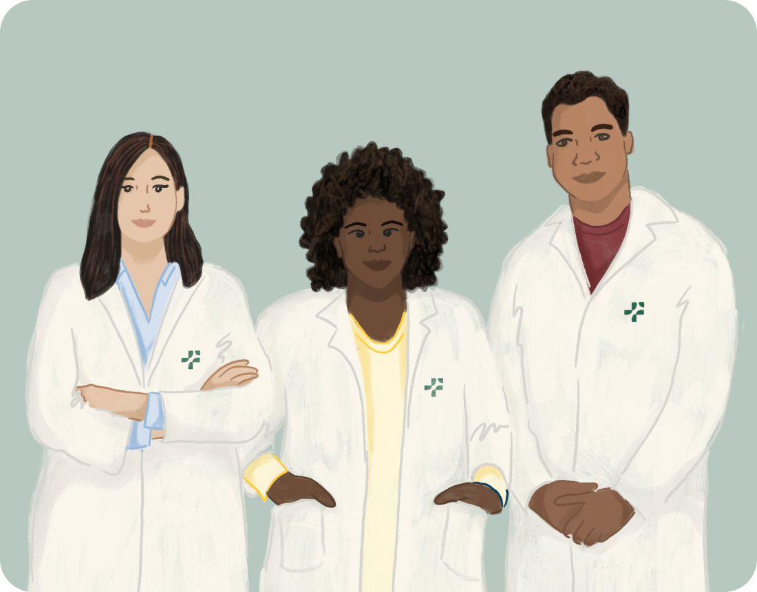 Illustration of three FuzeRx pharmacists standing together, representing continued care and pharmacy support.