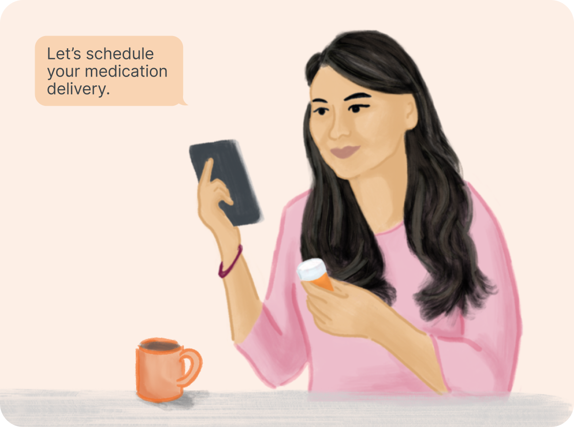 Illustration of a patient holding a phone and medication, representing scheduling a prescription delivery.