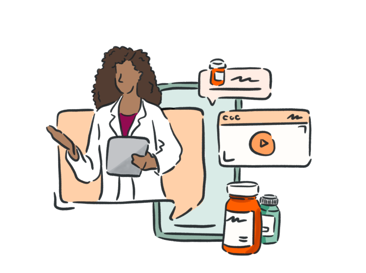 Illustration of a pharmacist providing virtual guidance alongside prescription medications.