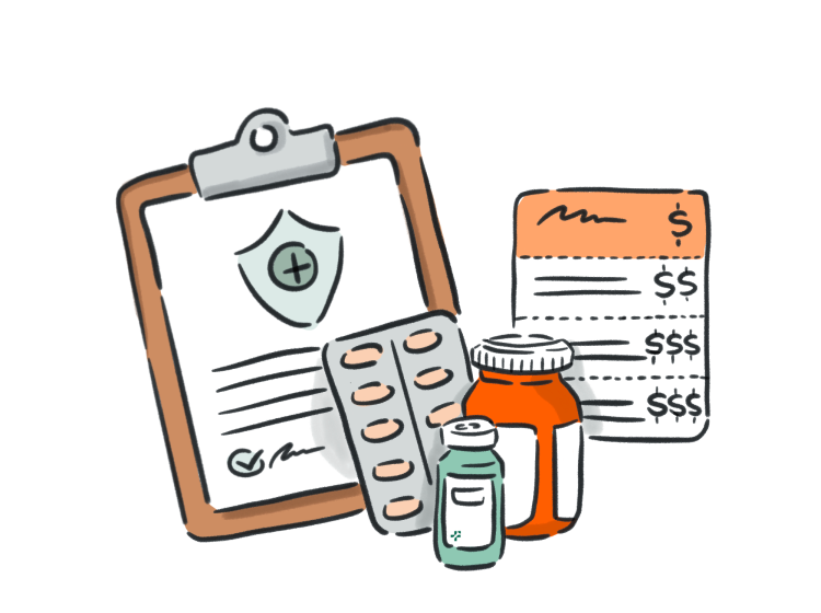 Illustration of prescription bottles, a clipboard, and insurance cards representing savings and payment support.
