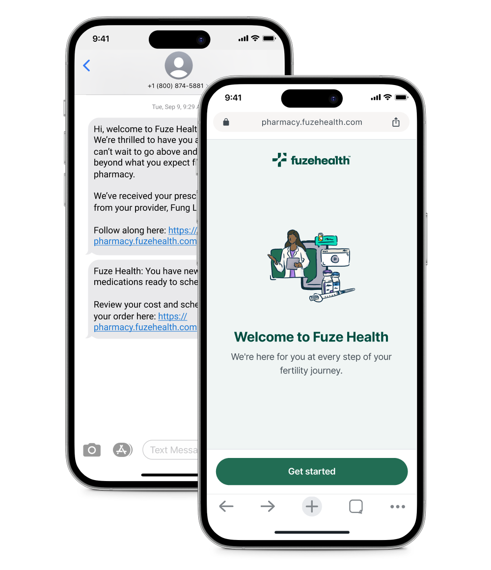 Two smartphones showing Fuze Health’s onboarding experience, including a welcome text message and a mobile welcome screen with a “Get started” button.