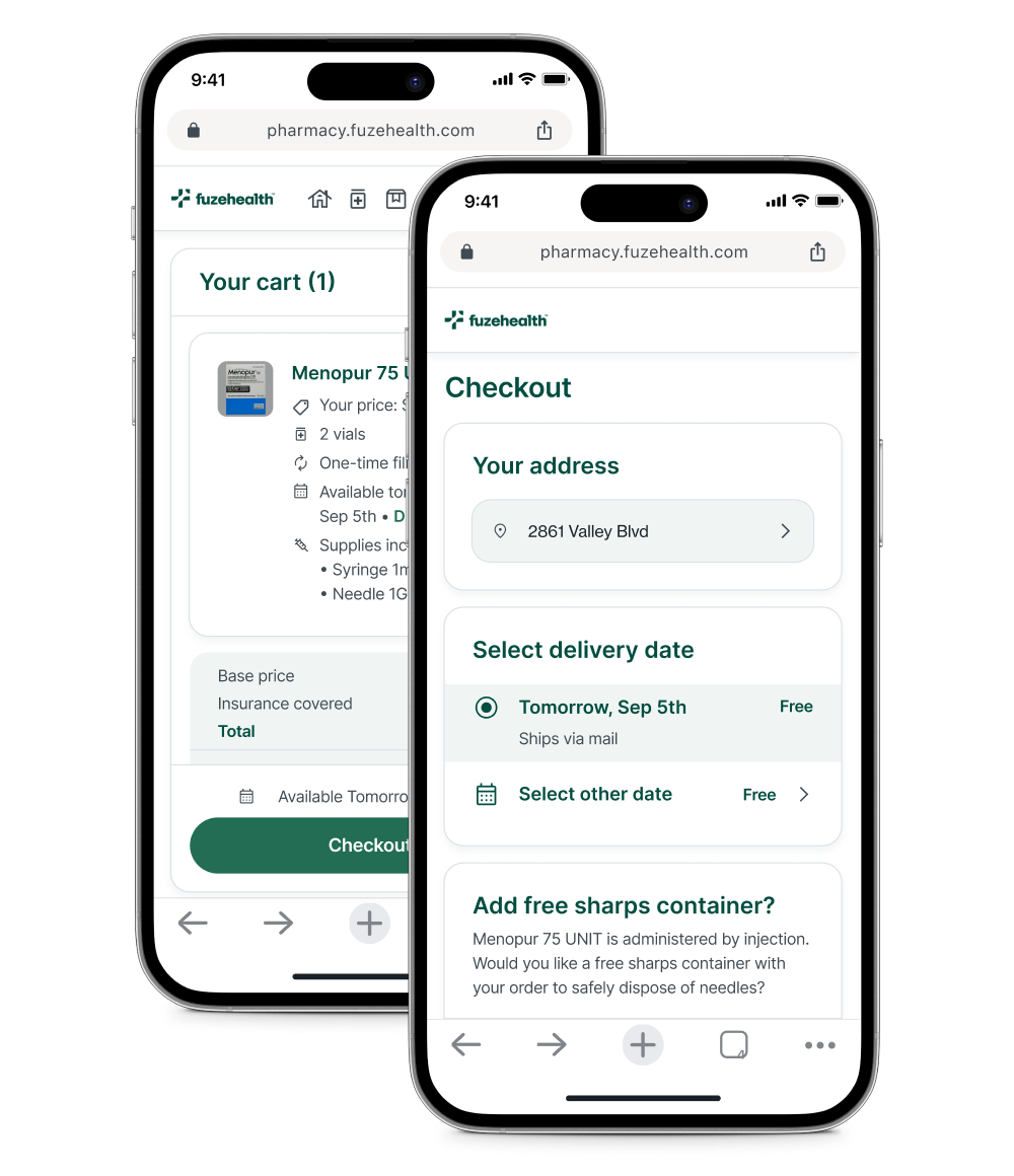 Two smartphones displaying the Fuze Health pharmacy checkout flow, showing the cart and delivery selection screens.