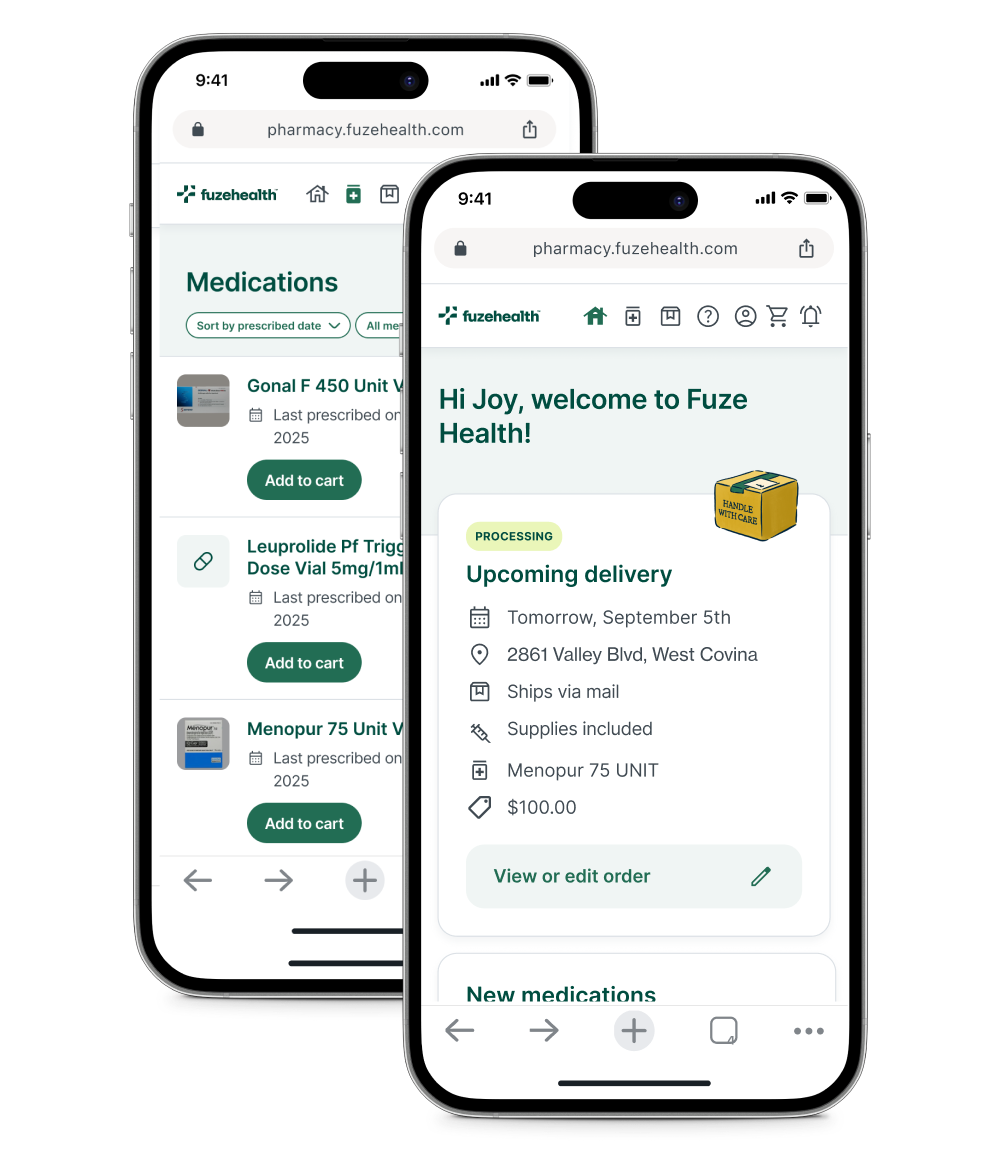 Two smartphones displaying the Fuze Health pharmacy experience, showing a medications list and an order status screen with an upcoming delivery.
