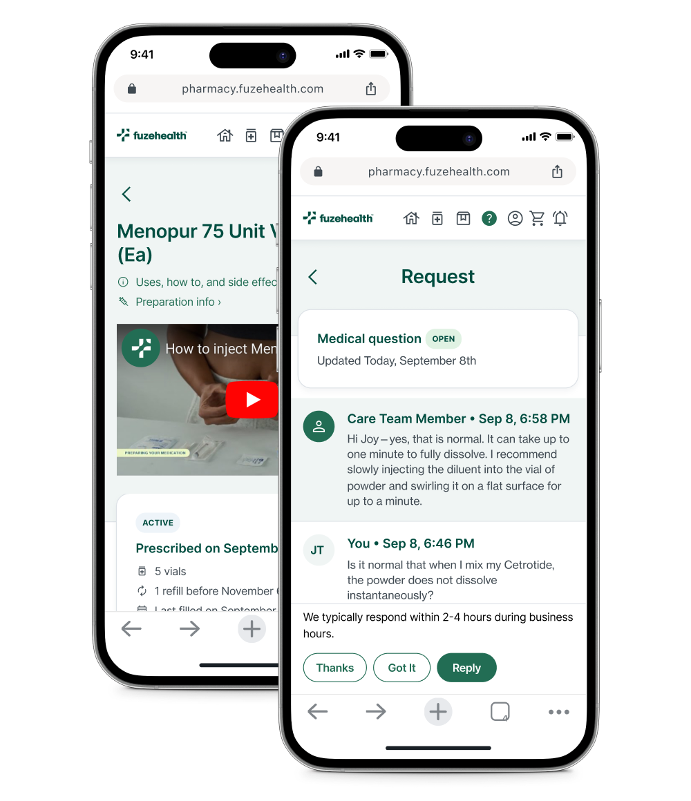 Two smartphones showing the Fuze Health pharmacy experience, including an injection guidance video and an in-app message thread with the care team.