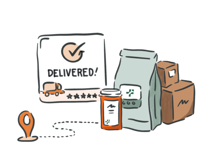 Illustration showing prescription medications delivered to a home with a confirmed delivery icon.