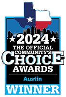 Texas state outline with Austin skyline, stars, and "2024 The Official Community's Choice Awards Winner."
