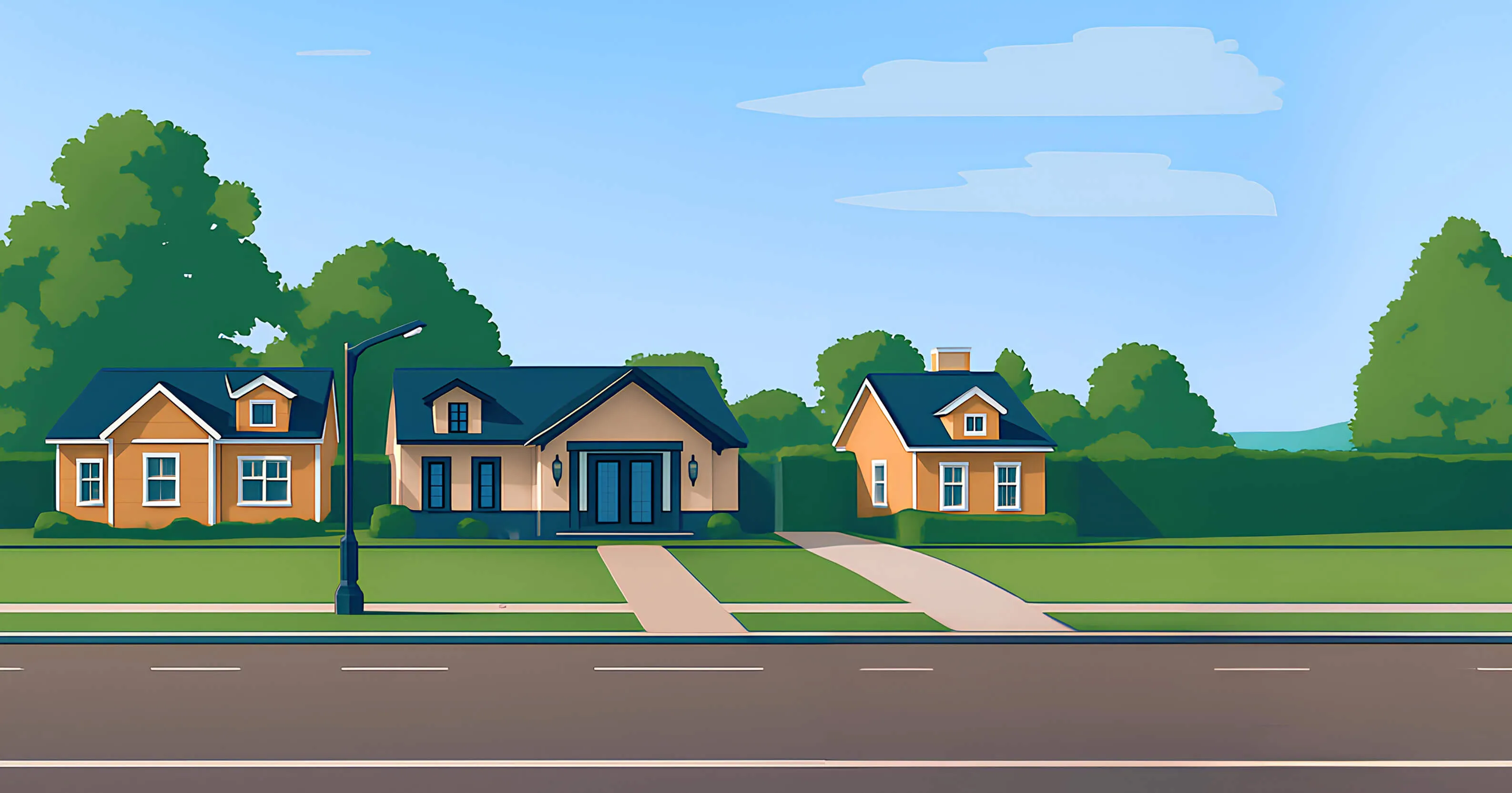 Cartoon suburban street with three houses.