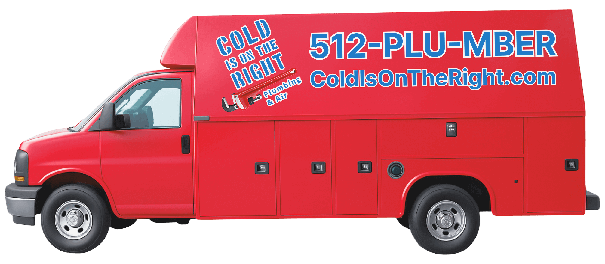 Red plumbing and HVAC service truck with company branding.