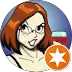 Cartoon woman with red hair and glasses holding a drink.