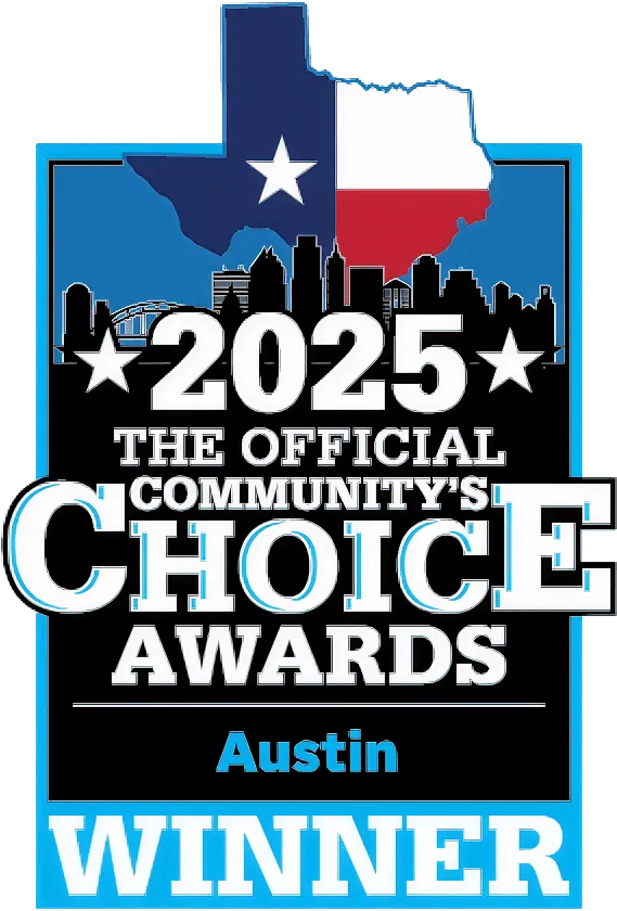 2025 Official Community's Choice Awards winner badge for Austin, featuring Texas map and skyline.