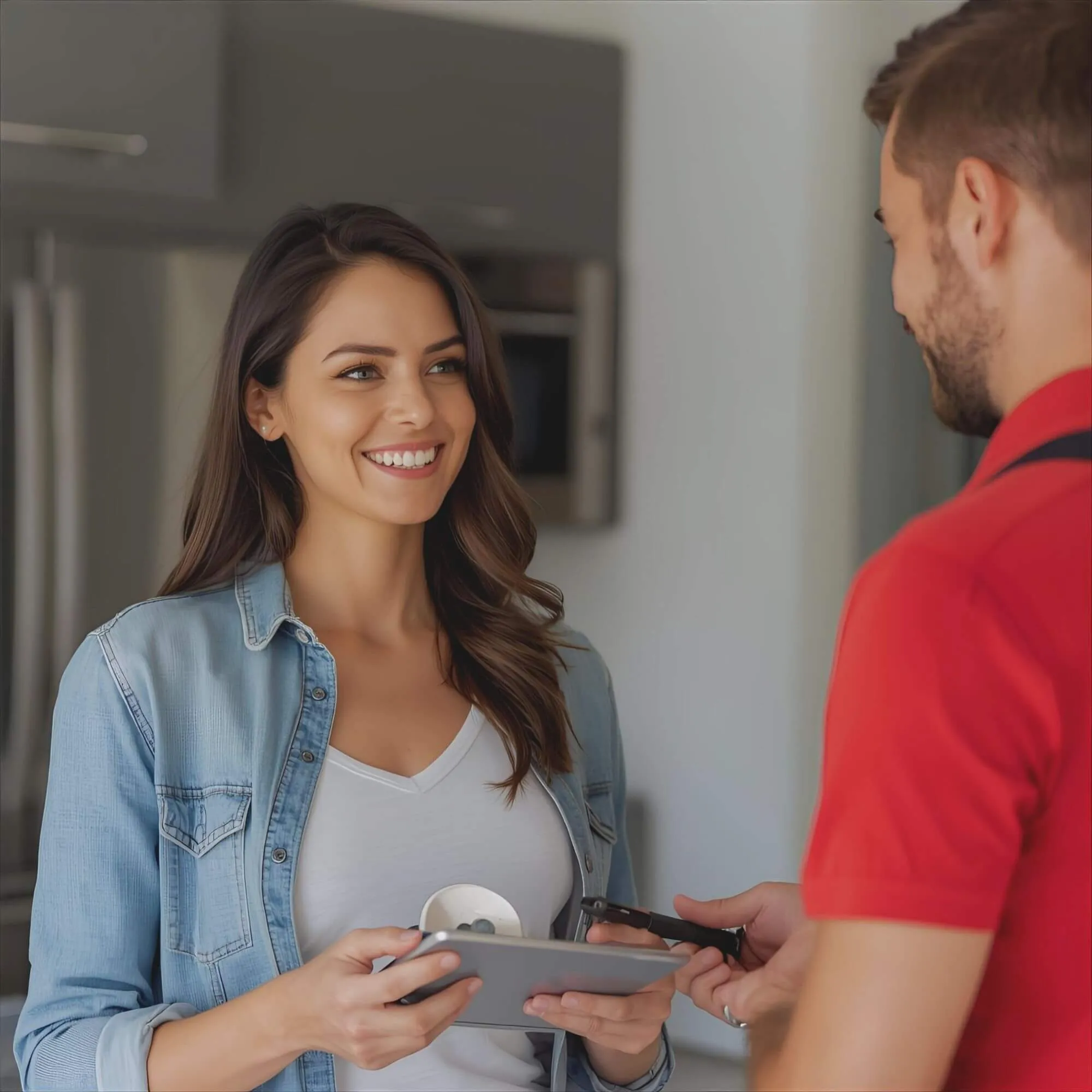 Smiling woman holding a tablet and interacting with a man in a red uniform, likely a plumber, suggesting a satisfied customer receiving plumbing services in a home setting.