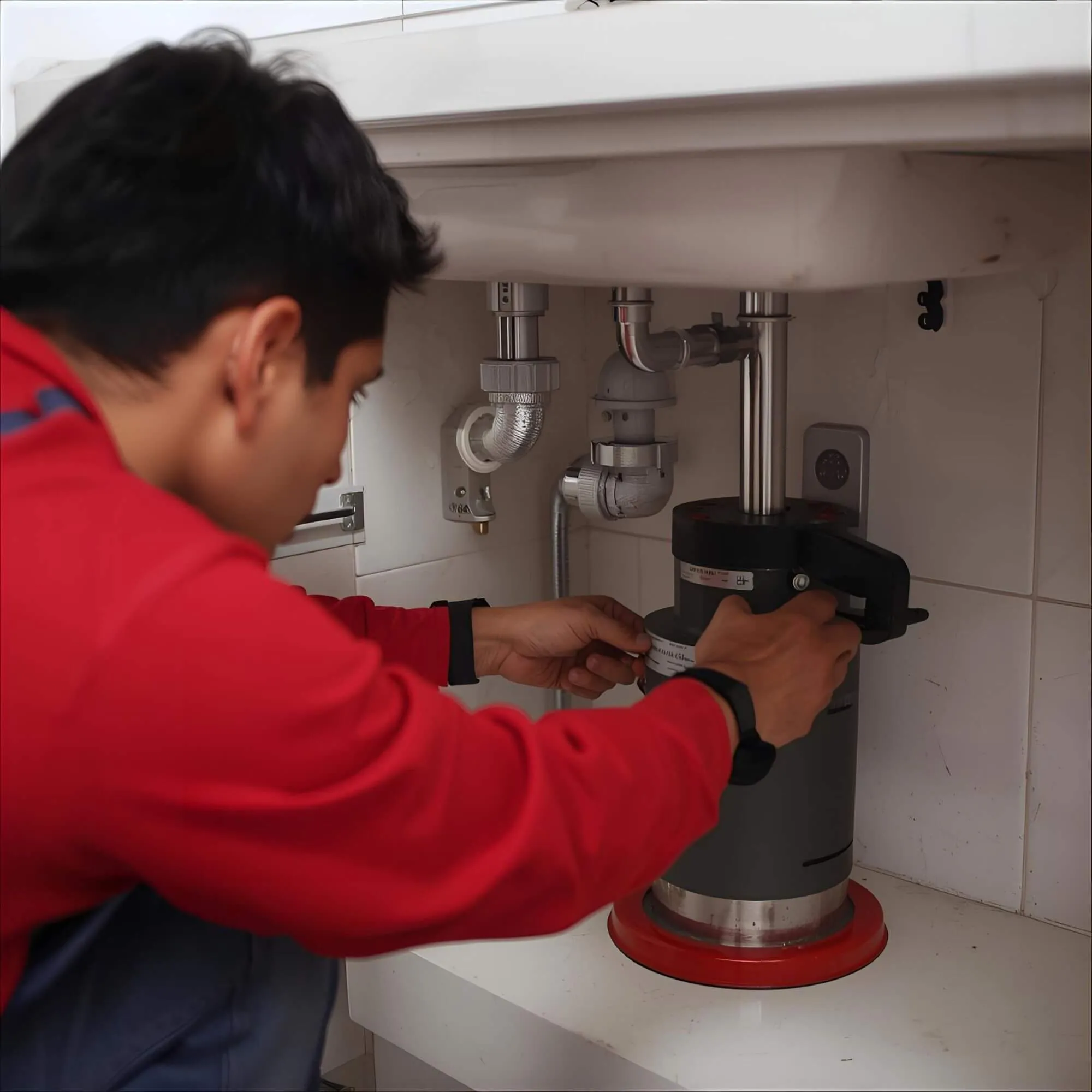 A man in a red shirt is installing or repairing a garbage disposal unit under a kitchen sink, with visible plumbing and drainage pipes.