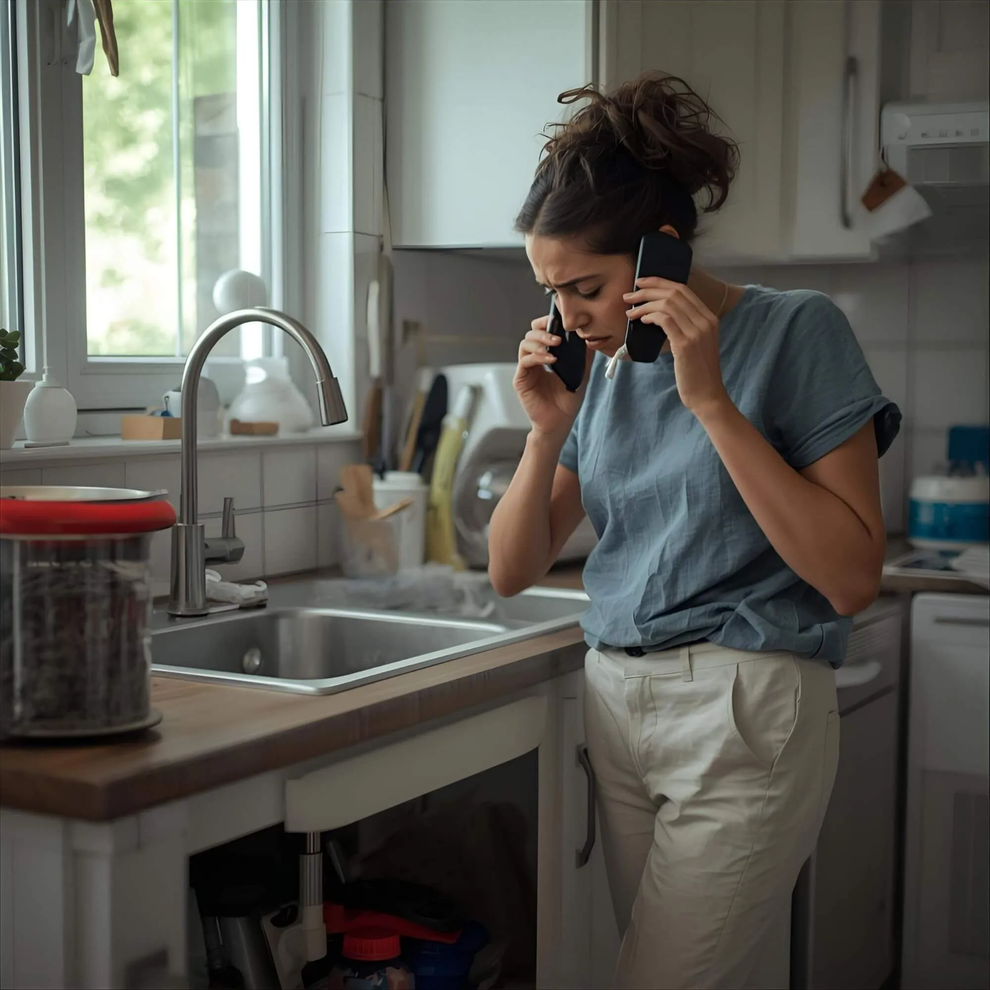 A woman in a kitchen looks stressed while holding two phones to her ears, standing near a sink with the cabinet door open, revealing cleaning supplies and exposed plumbing, suggesting a plumbing emergency.