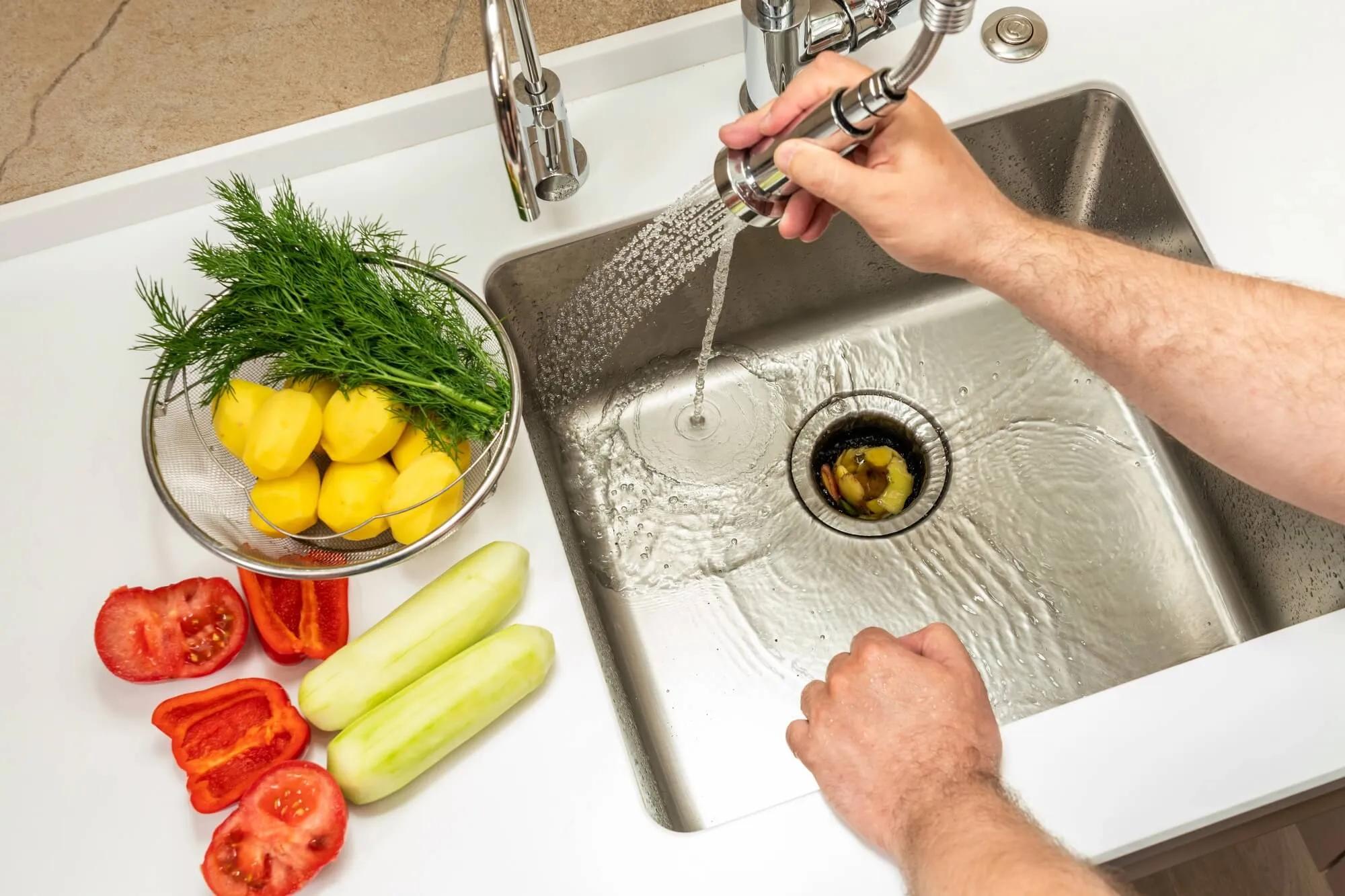Image Alt Text Generator said:
Person rinsing sink with food scraps in the drain, surrounded by fresh vegetables like potatoes, cucumbers, tomatoes, dill, and peppers.