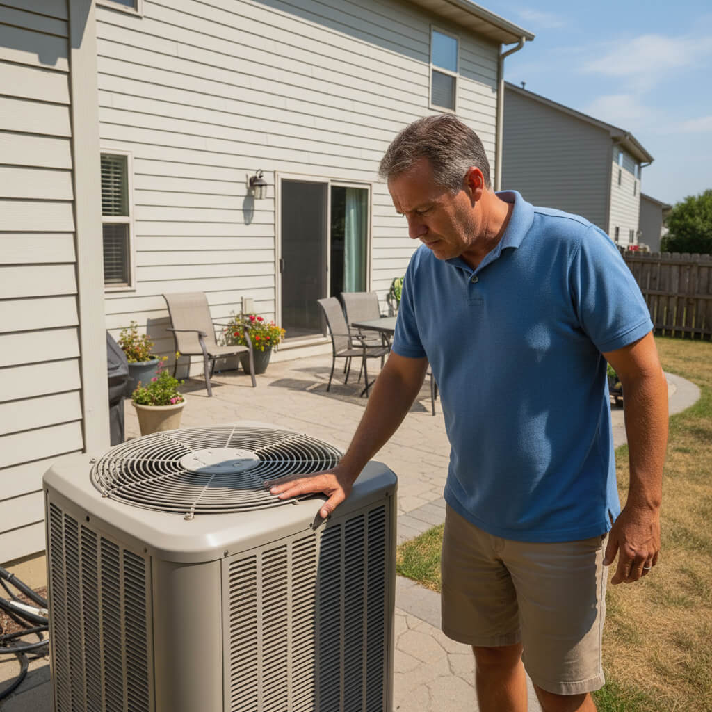 A man in a blue polo shirt inspects an outdoor air conditioning unit in a backyard patio area, suggesting potential issues with the AC system that may require repair.