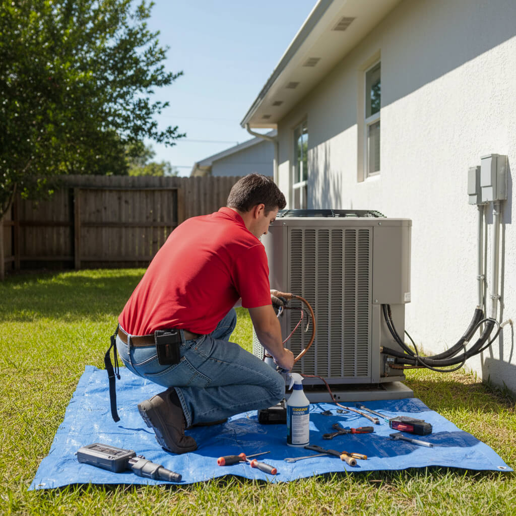 A technician in a red shirt kneels on a blue tarp while repairing an outdoor air conditioning unit, surrounded by tools, highlighting the benefits of professional AC repair for efficiency and reliability.