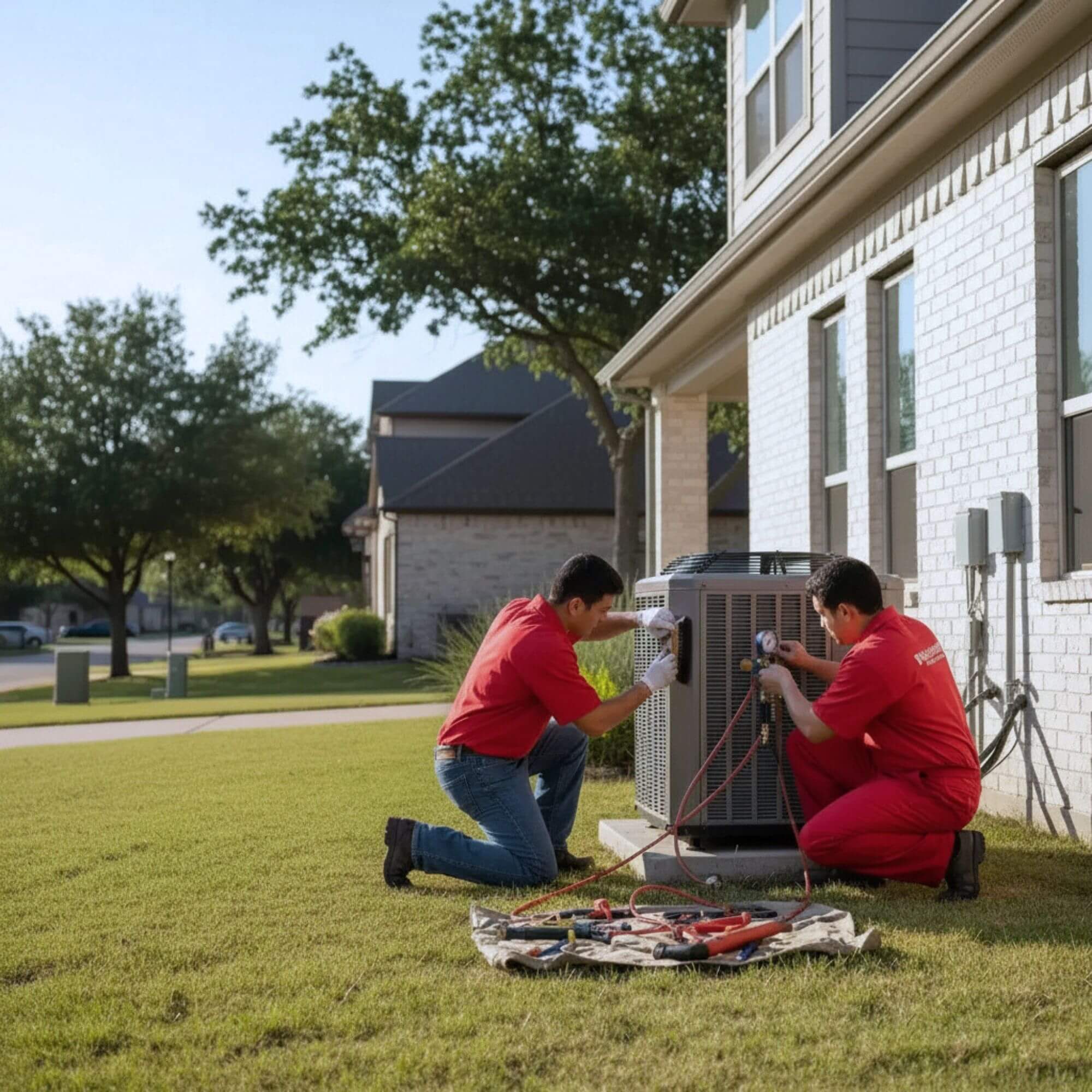 Two HVAC technicians in red uniforms work on an outdoor air conditioning unit beside a house, using gauges and tools laid out on a cloth on the grass in a suburban neighborhood.