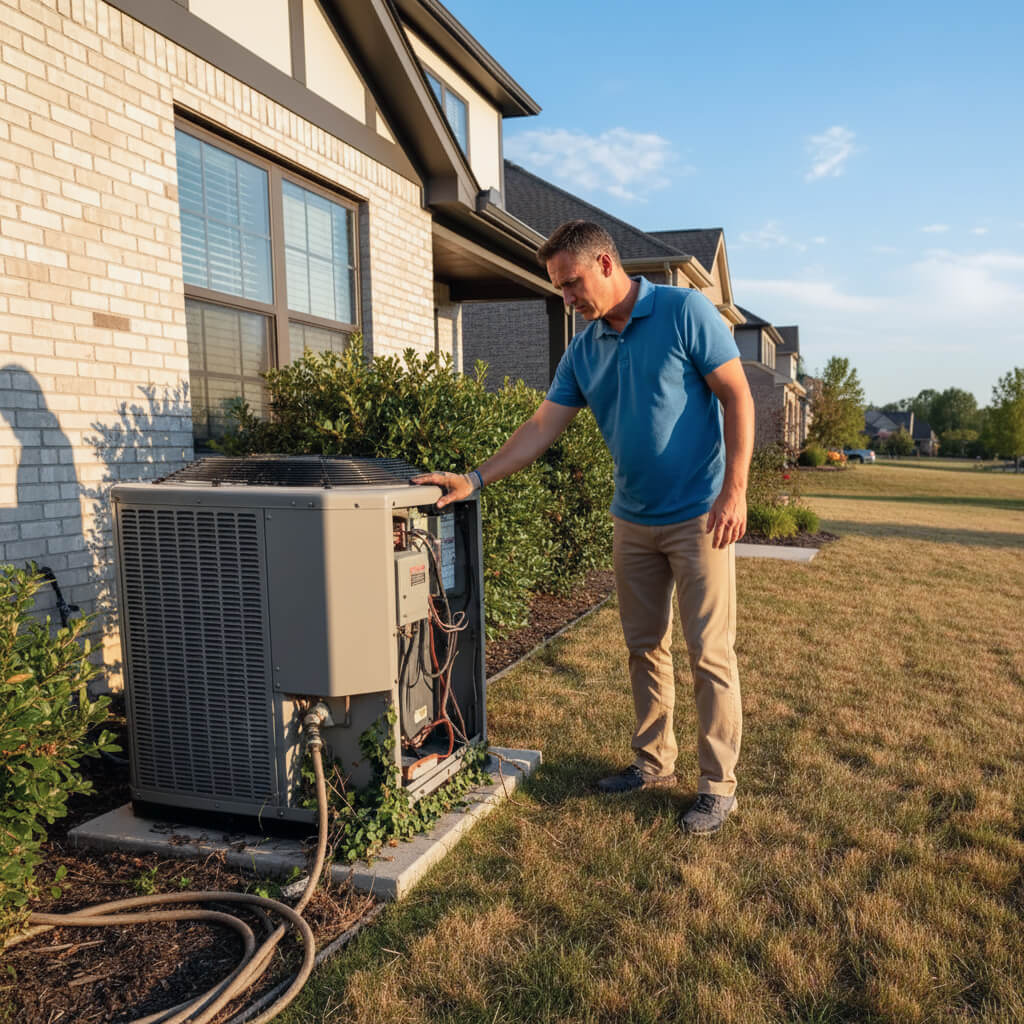 A man in a blue polo shirt and khaki pants inspects an open outdoor air conditioning unit beside a house, with exposed wires and components visible, on a dry lawn in a suburban neighborhood.