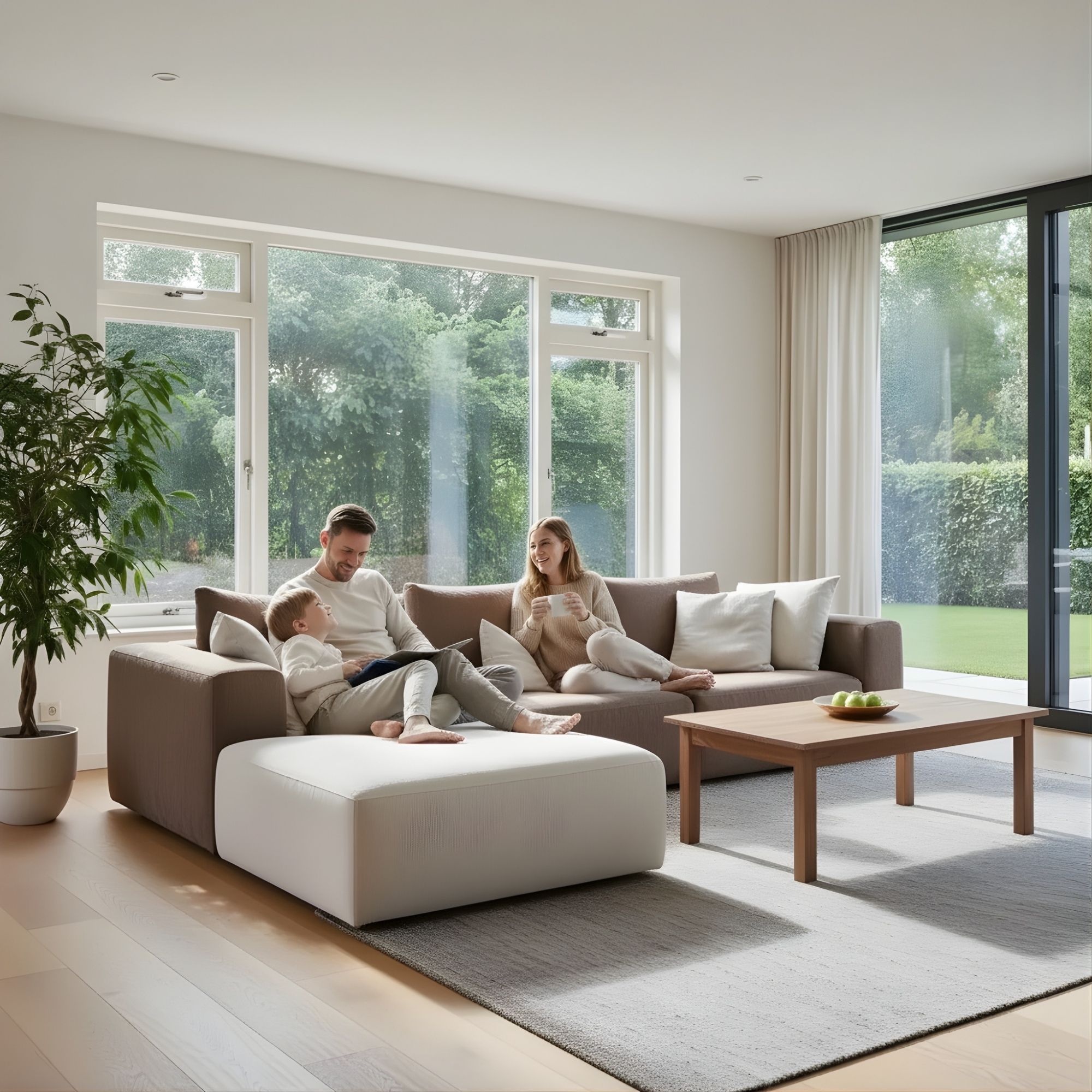 A family relaxes on a sofa in a bright, modern living room with large windows, suggesting comfort and peace of mind from a well-maintained HVAC system; the scene highlights the benefits of professional HVAC maintenance in creating a cozy indoor environment.