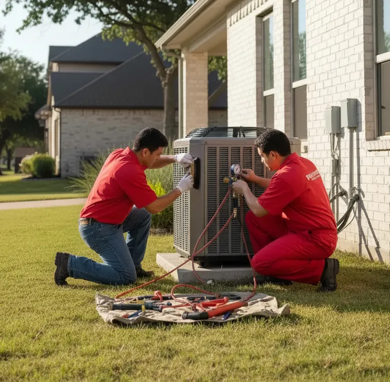 Two HVAC technicians in red uniforms working on an outdoor air conditioning unit in a residential yard.