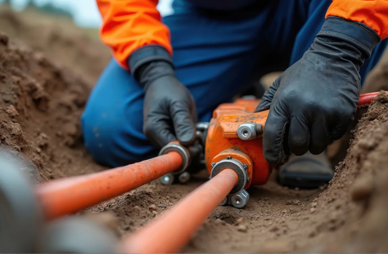 Worker in orange and blue outfit using an orange tool to connect two orange pipes in a dirt trench.