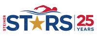 Steiner Stars logo with a red swimmer silhouette and text 25 years in red and blue.