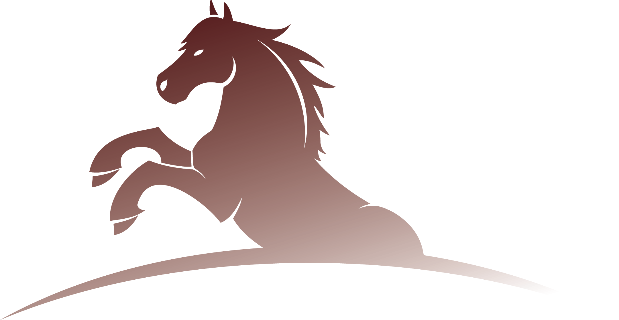 Silhouette of a rearing horse above a curved line, shaded brown to light beige.