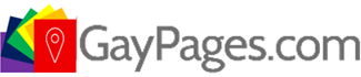 GayPages.com logo with colorful overlapping pages and a red location pin icon.