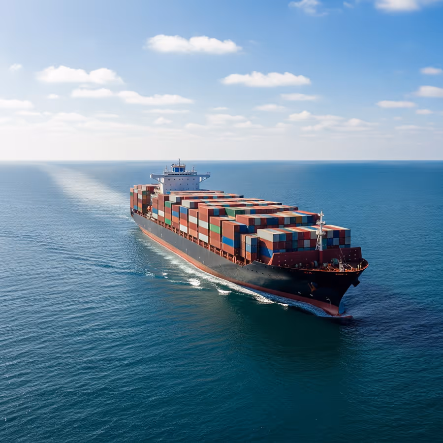 Symbolisches Bild eines großen Containerschiffs auf offener See.