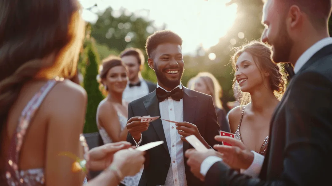Mago de piel morena haciendo magia y sonriendo mientras hace magia de cocktail para el público e invitados de una boda.