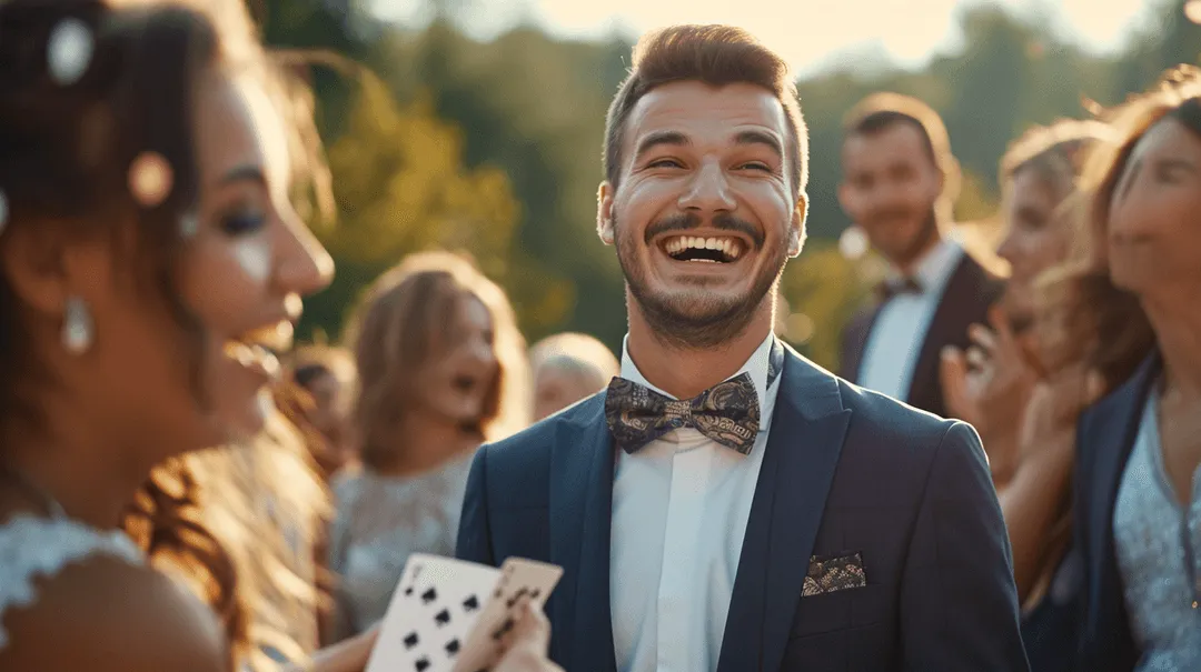 Hombre joven vestido con traje y pajarita reaccionando a un truco de magia en una boda. También hay mujeres riendo y disfrutando en la imagen.