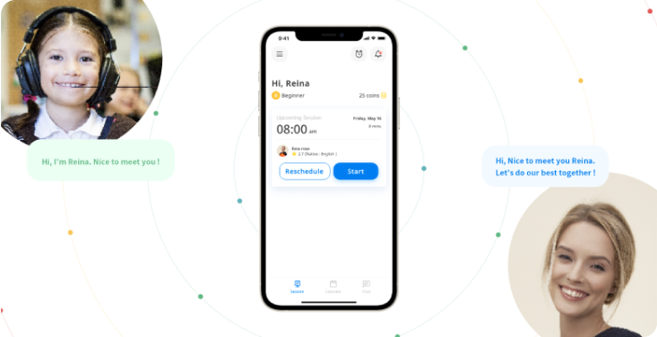 講師と生徒が対話するオンライン語学学習アプリのインターフェース。インタラクティブなレッスンとリアルタイム通信が可能。
