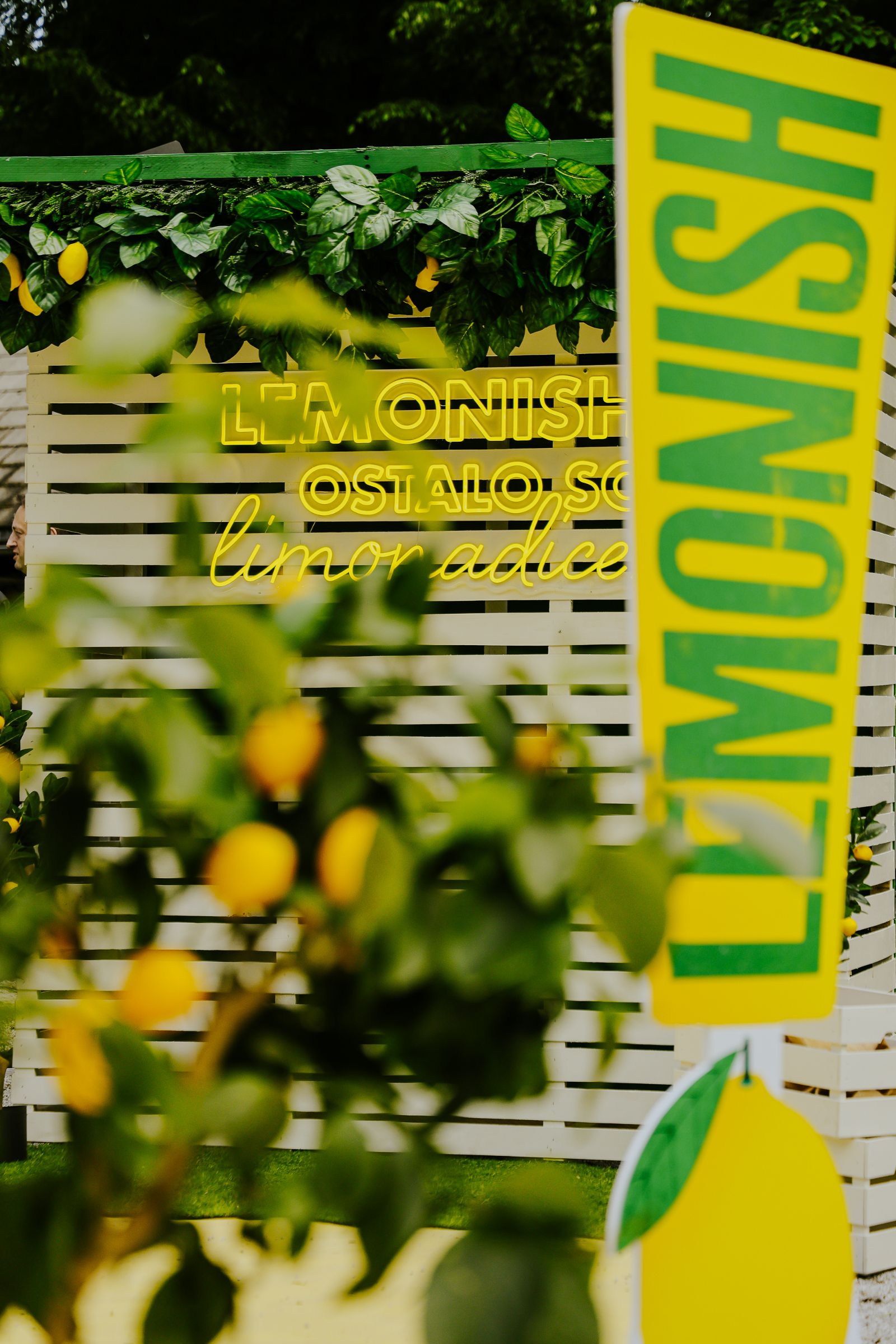 Lemonish lansiranje: stablo limuna u prvom planu uokviruje zid s neonskim sloganom i visoki Lemonish znak