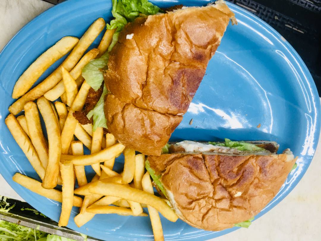 A hamburger cut in half served with fries.