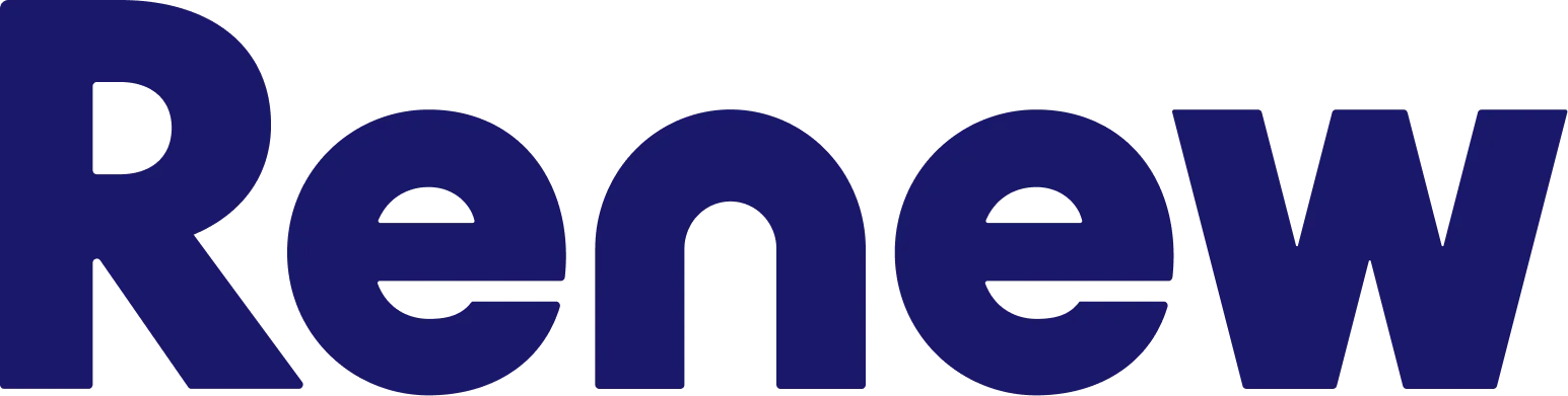 Renew logo in bold navy blue letters on white background