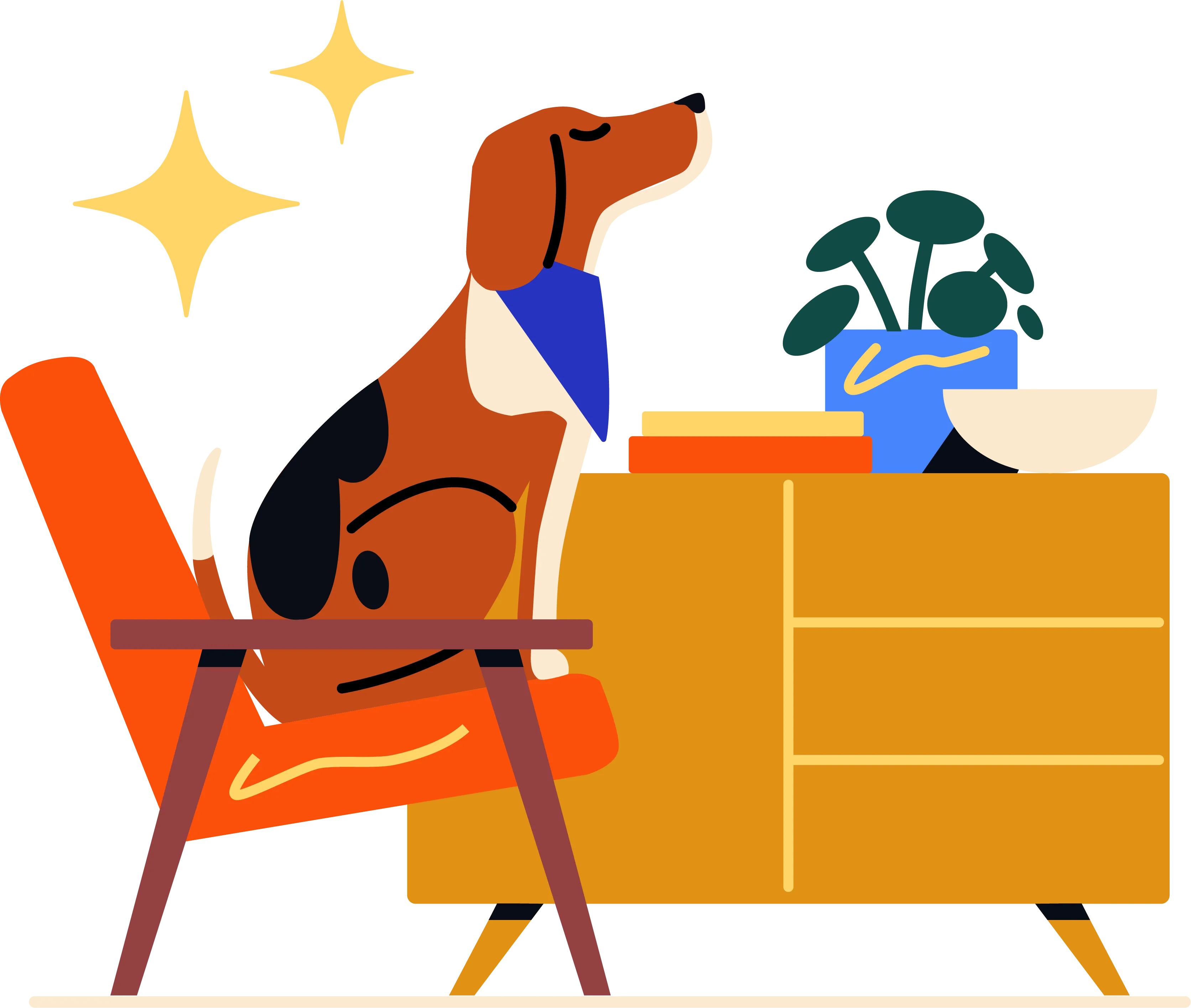 Dog sitting in chair next to mid-century modern dresser with houseplant