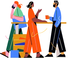 Three stylized people in colorful geometric clothing walking together