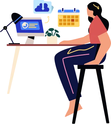 Person working at desk with computer, lamp, calendar, and houseplant
